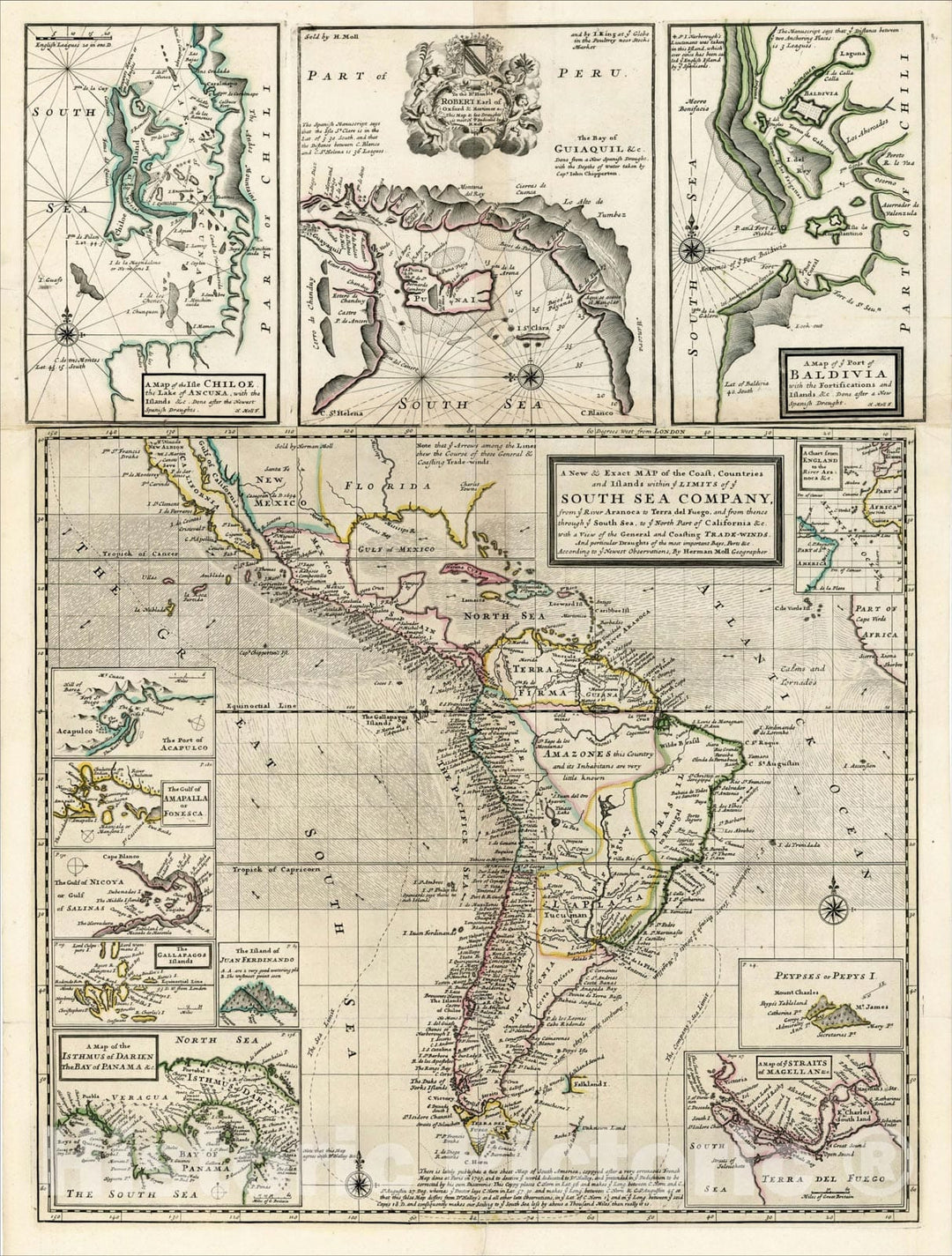 Historic Map : A New & Exact Map of the Coast, Countries and Islands within ye Limits of ye South Sea Company from ye River Aranoca to Terra del Fueg, 1711, , Vintage Wall Art