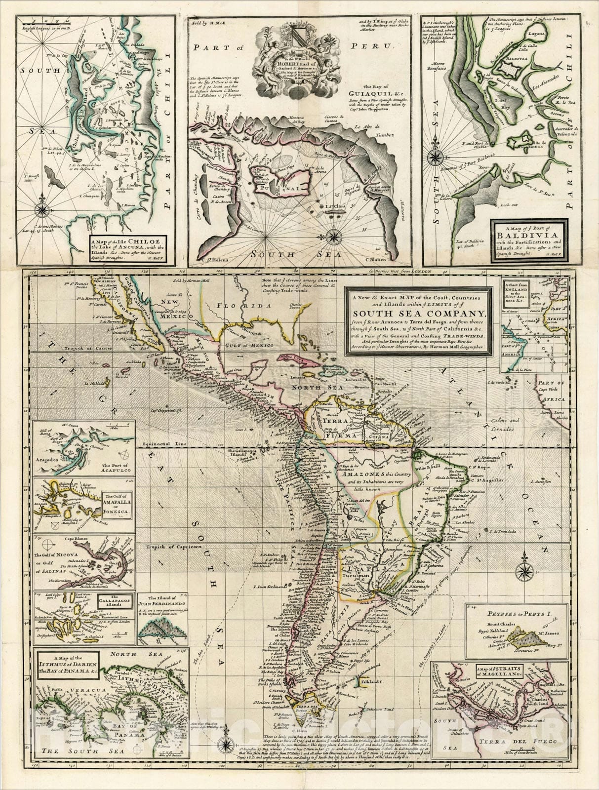 Historic Map : A New & Exact Map of the Coast, Countries and Islands within ye Limits of ye South Sea Company from ye River Aranoca to Terra del Fueg, 1711, , Vintage Wall Art