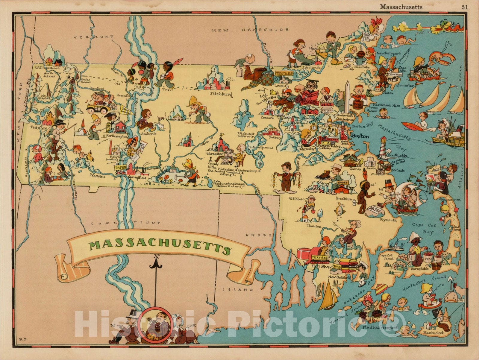Historic Map : Massachusetts, 1935, Ruth Taylor White, v2, Vintage Wall Art
