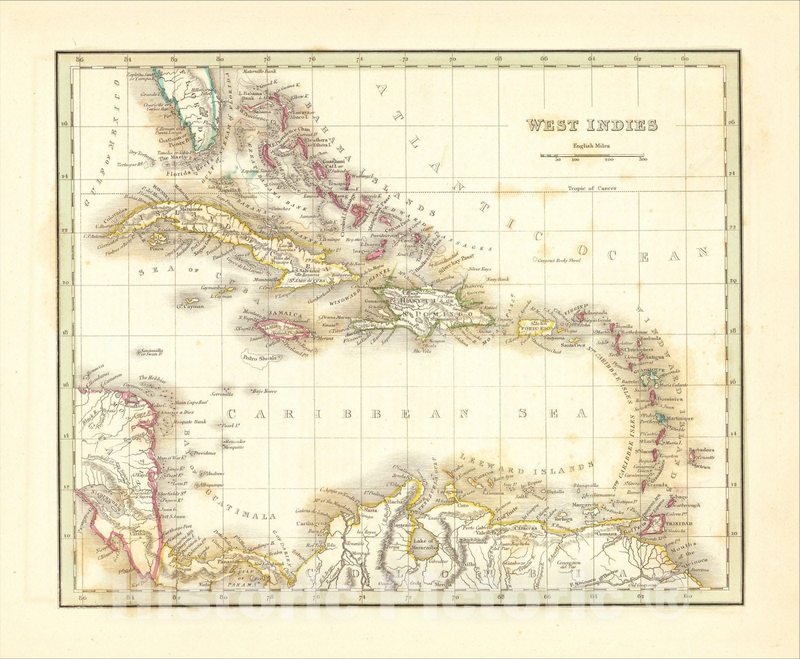 Historic Map : West Indies, 1835, Thomas Gamaliel Bradford, Vintage Wall Art