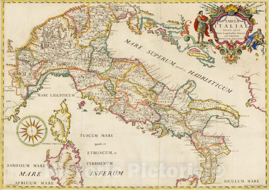 Historic Map : Tabula Italiae Medii Aevi Graeco Longobardico francici Accurante Societate Palanatina, c1725, Giovanni Giacomo Spinelli, Vintage Wall Art