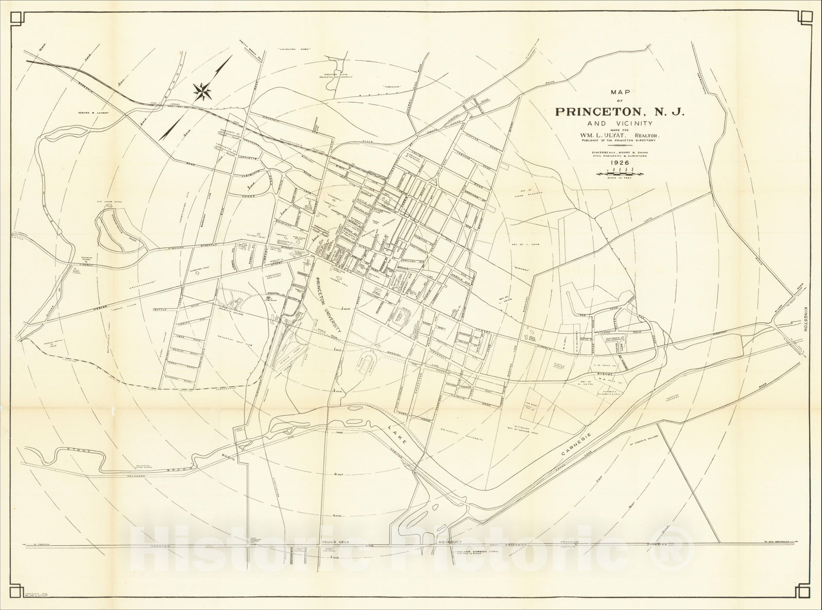 Historic Map : Map of Princeton, N.J. and Vicinity Made For Wm. L. Ulyat, Realtor., 1926, 1926, Charles L. Sincerbeaux, Vintage Wall Art