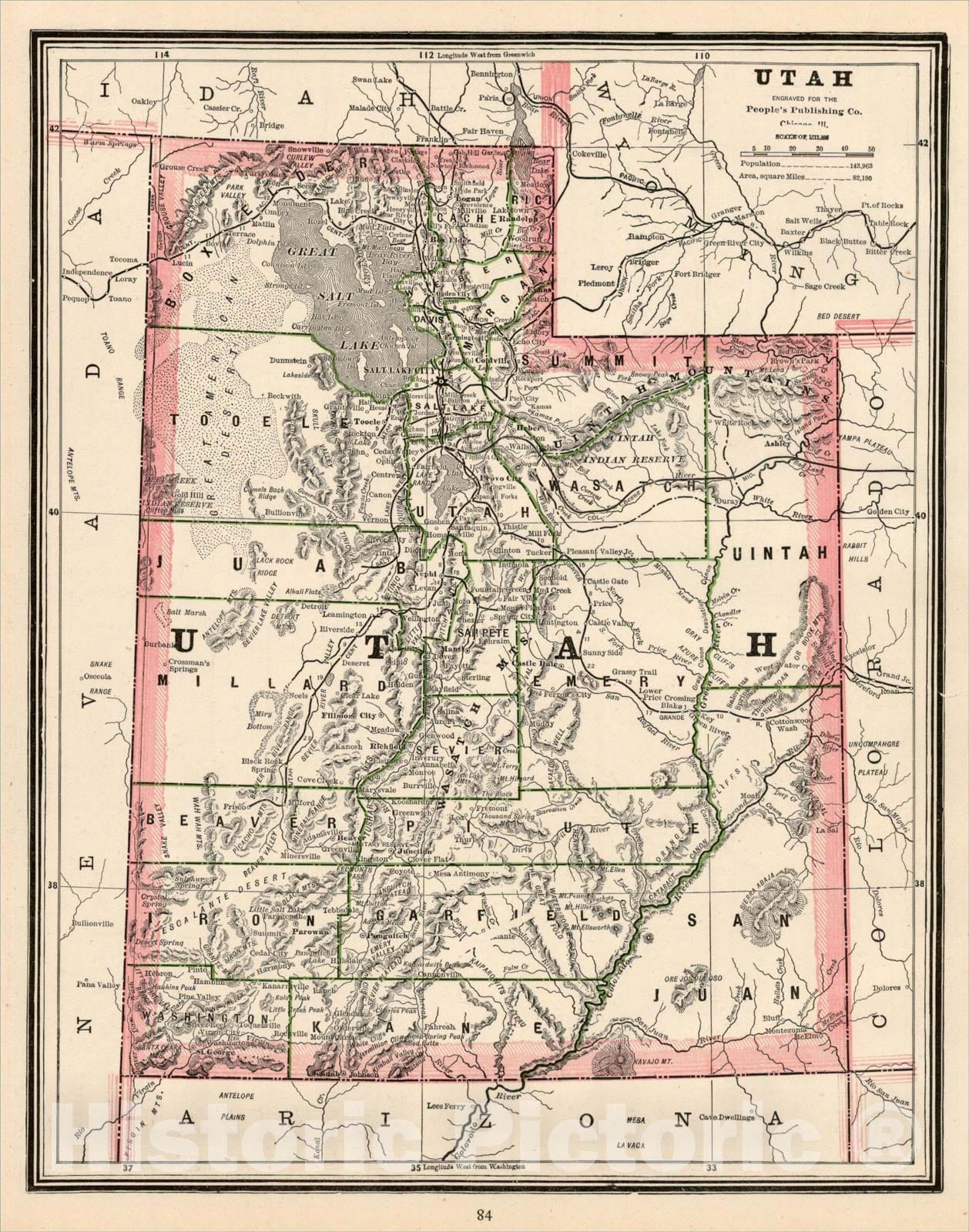 Historic Map : Utah, 1892, George F. Cram, Vintage Wall Art