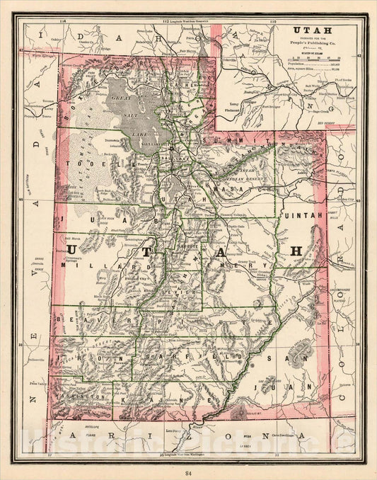 Historic Map : Utah, 1892, George F. Cram, Vintage Wall Art