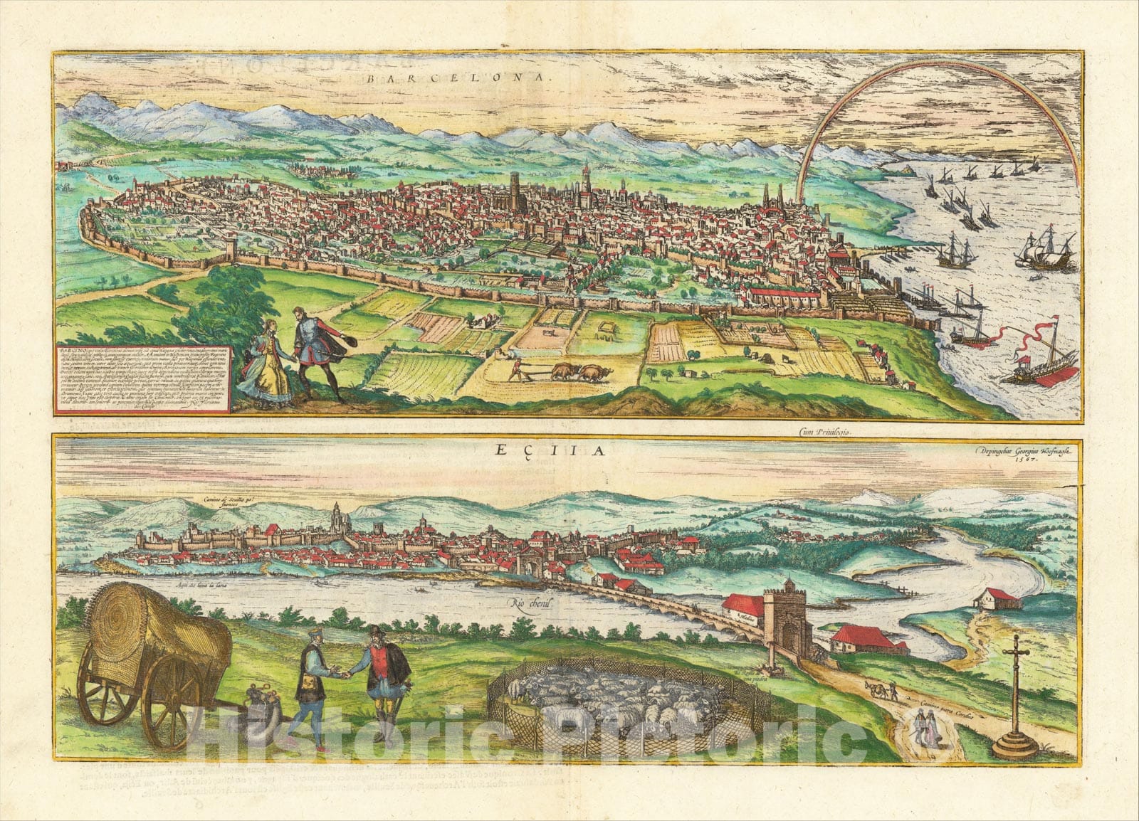 Historic Map : Barcelona with Eciia, 1578, Georg Braun, Vintage Wall Art