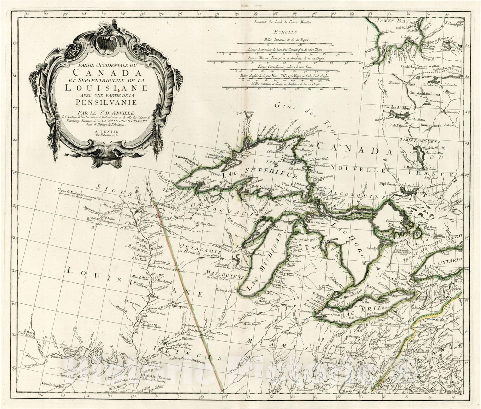 Historic Map : Partie Occidentale Du Canada et Septentrionale De La Louisiane Avec Une Partie De La Pensilvanie Par Le Sr. D'Anville?1775, 1775, Paolo Santini, Vintage Wall Art