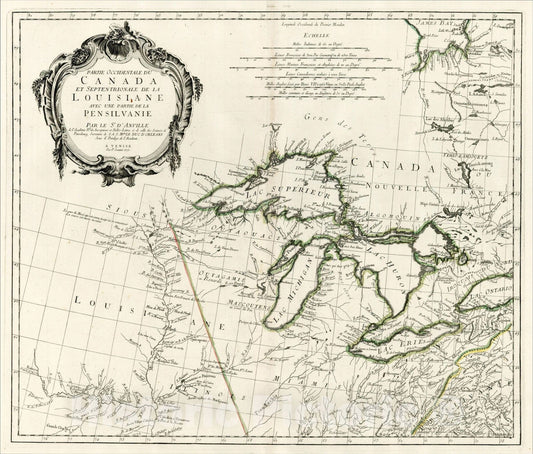 Historic Map : Partie Occidentale Du Canada et Septentrionale De La Louisiane Avec Une Partie De La Pensilvanie Par Le Sr. D'Anville?1775, 1775, Paolo Santini, Vintage Wall Art