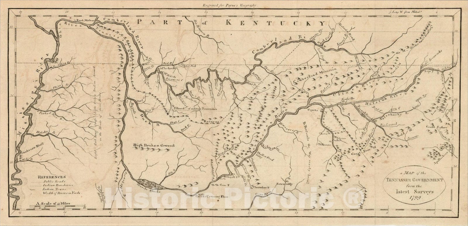 Historic Map : a Map of the Tennassee Government from the latest Surveys 1799, 1799, John Payne, v1, Vintage Wall Art