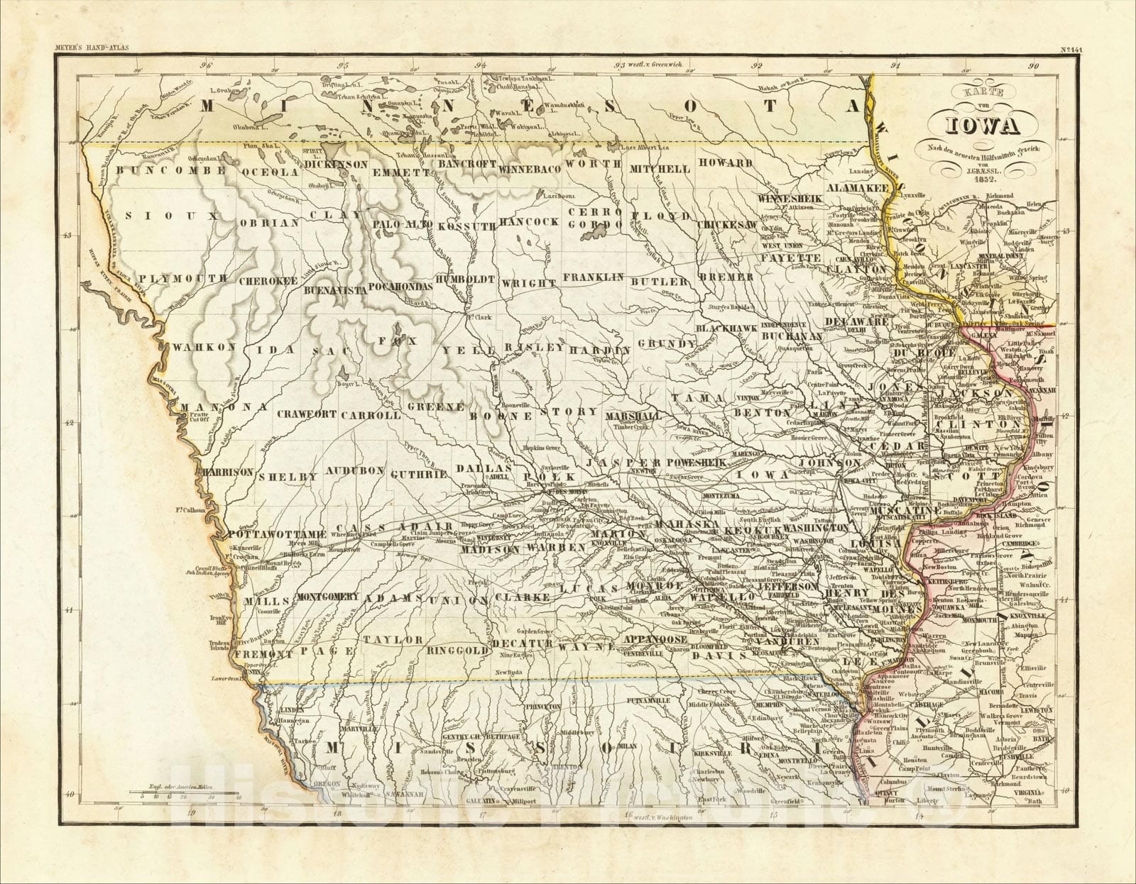 Historic Map : Karte von Iowa, 1852, 1852, Joseph Meyer, Vintage Wall Art