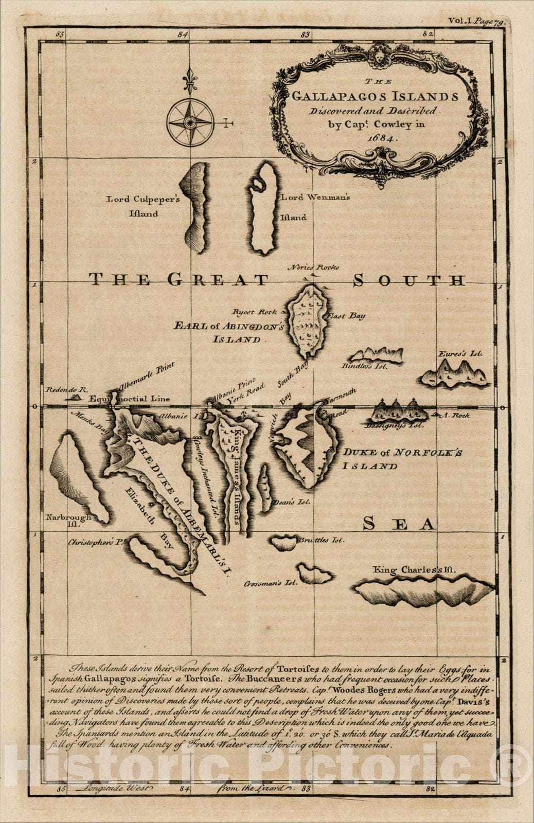 Historic Map : The Gallapagos Islands Discovered and Described by Capt. Cowley in 1684, 1744, Emanuel Bowen, v3, Vintage Wall Art