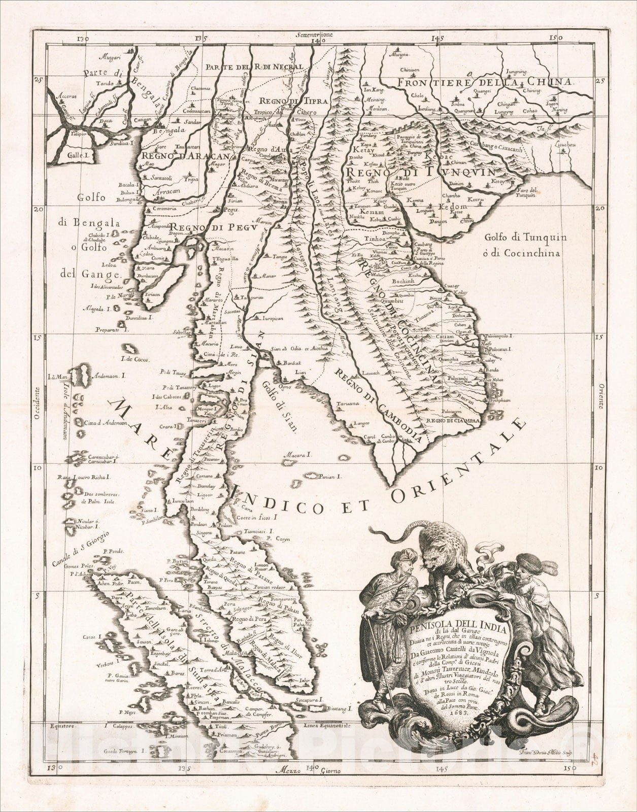 Historic Map : Penisola Dell India di la dal Gange Diusa ne i Regni, 1683, Giacomo Giovanni Rossi, Vintage Wall Art