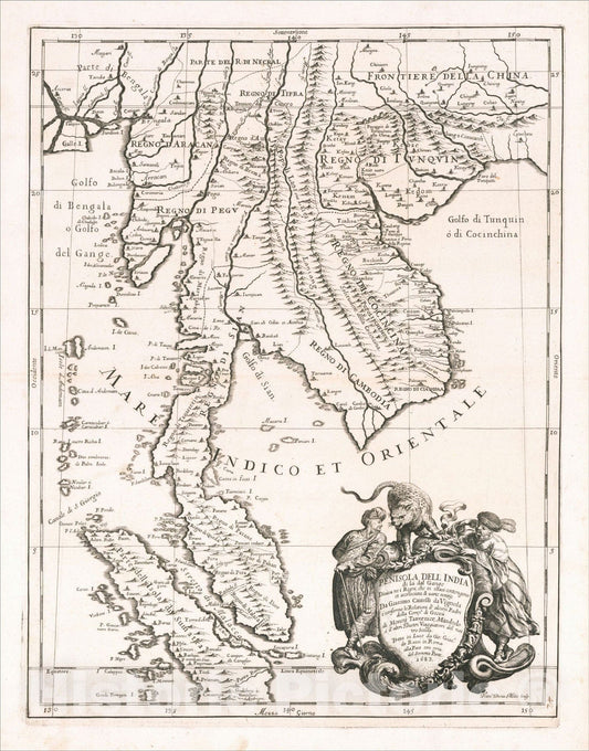 Historic Map : Penisola Dell India di la dal Gange Diusa ne i Regni, 1683, Giacomo Giovanni Rossi, Vintage Wall Art