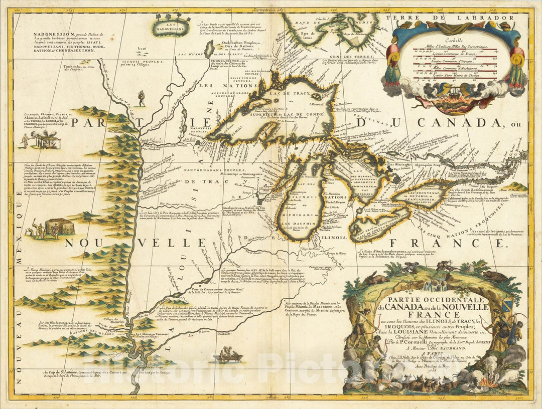 Historic Map : Partie Occidentale du Canada ou de la Nouvelle France ou sont les Nations des Ilinois, de Tracy, les Iroquois, c1690, Vincenzo Maria Coronelli, Vintage Wall Art