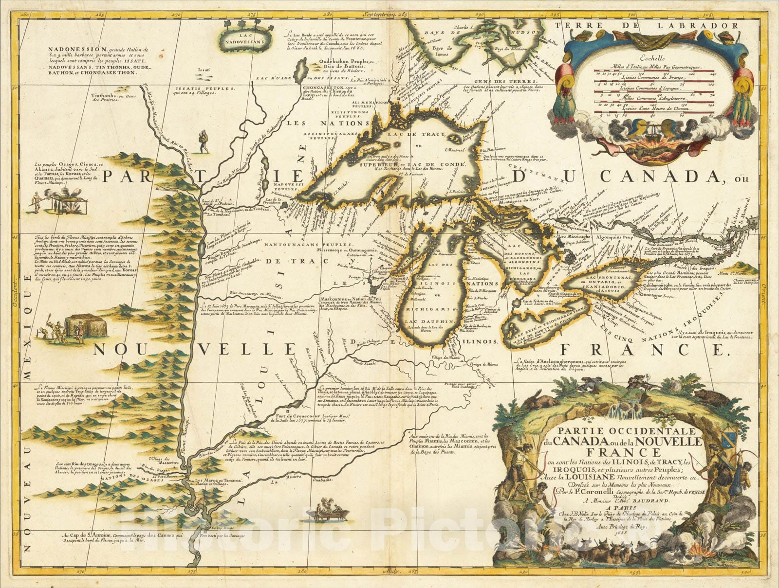 Historic Map : Partie Occidentale du Canada ou de la Nouvelle France ou sont les Nations des Ilinois, de Tracy, les Iroquois, c1690, Vincenzo Maria Coronelli, Vintage Wall Art