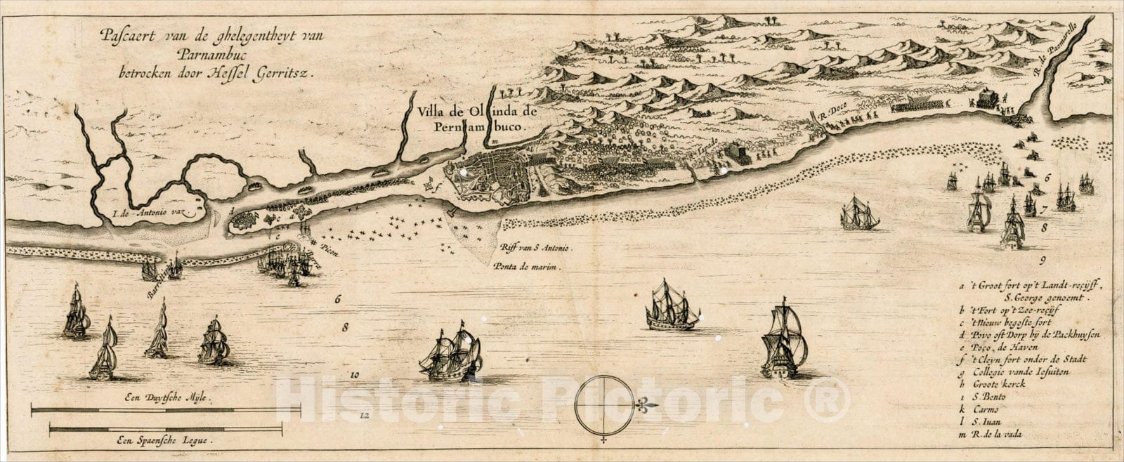 Historic Map : Pascaert van de ghelegentheyt van Parnambuc betrocken door Hessel Gerritsz, 1633, , Vintage Wall Art