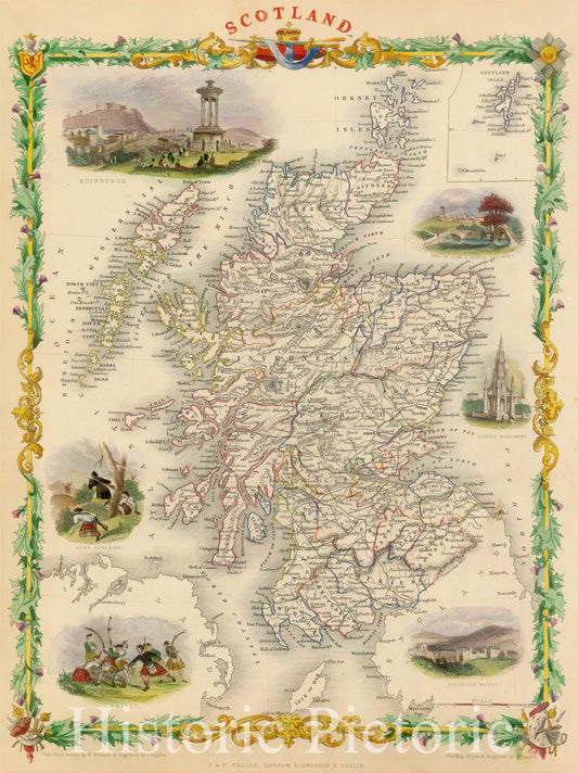 Scotland - Decorative Map with Regional Vignettes, 1851 | Historical Map Print