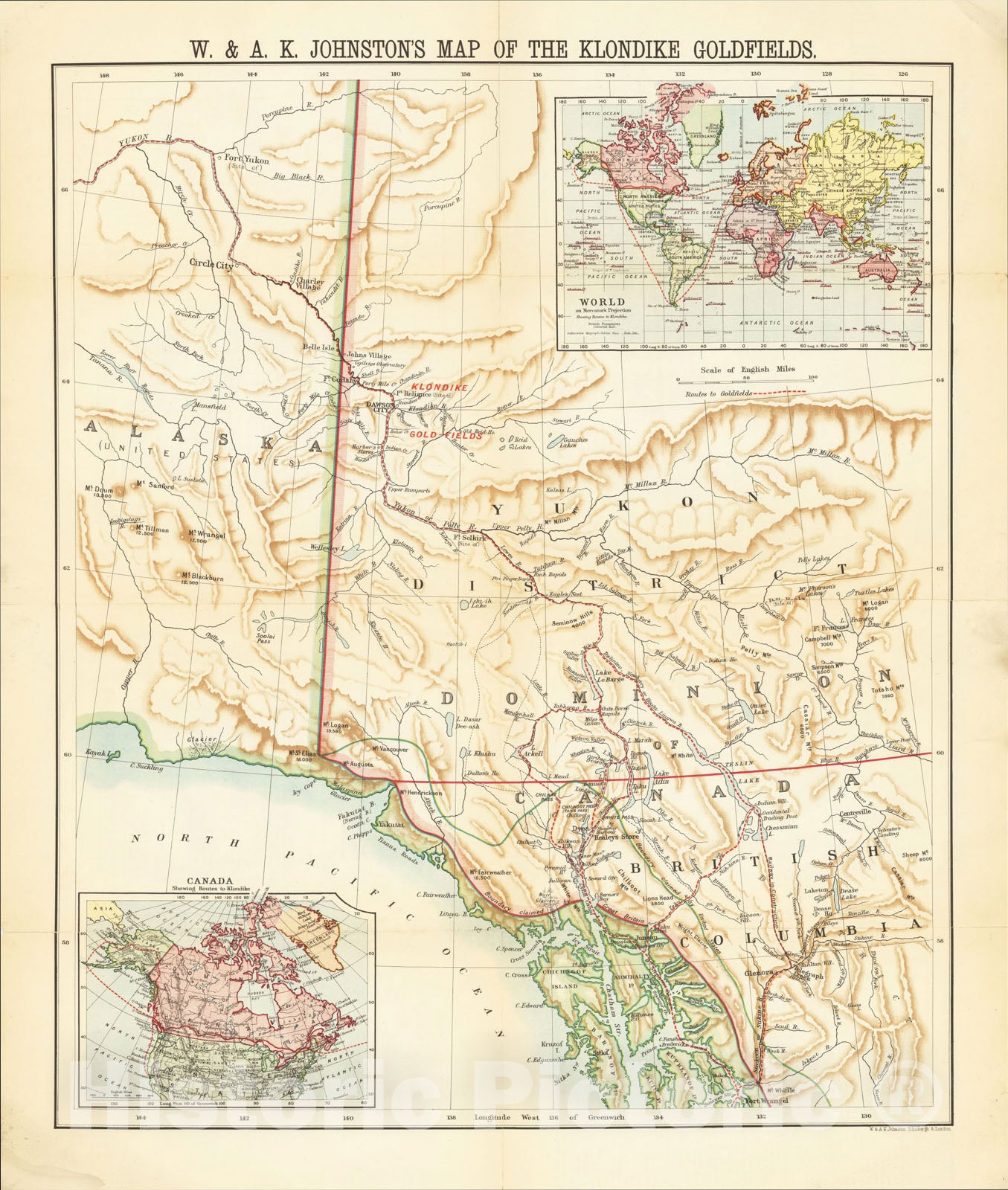 Historic Map : W. and A. K. Johnston's Map of the Klondike Goldfields [Stickeen Route], 1898, W. & A.K. Johnston, Vintage Wall Art
