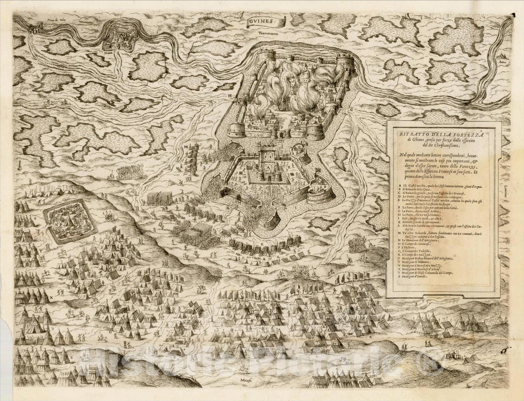 Historic Map : [Plan of the Siege of GuÃƒÂ®nes, France] Ritratto Della Fortezza di Ghines, presa perforza dallo essecito del Re Christianissimo, c1558, v2, Vintage Wall Art