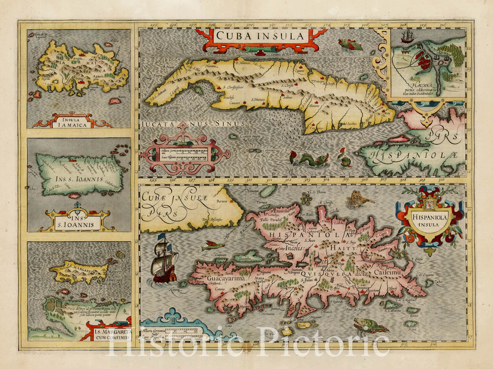 Historic Map : Cuba Insula with Hispaniola Insula with Insula Jamaica with Ins. S. Ioannis with I.S. Margareta Cum Confiniis, 1619, , Vintage Wall Art