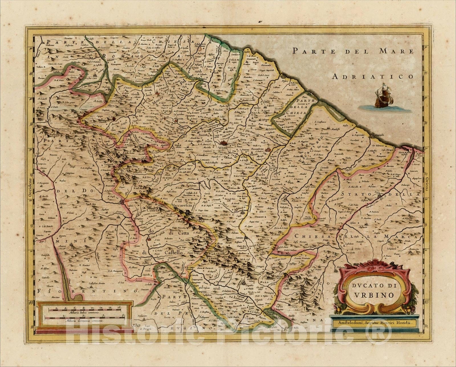 Historic Map : Ducato Di Urbino, c1640, Henricus Hondius, Vintage Wall Art