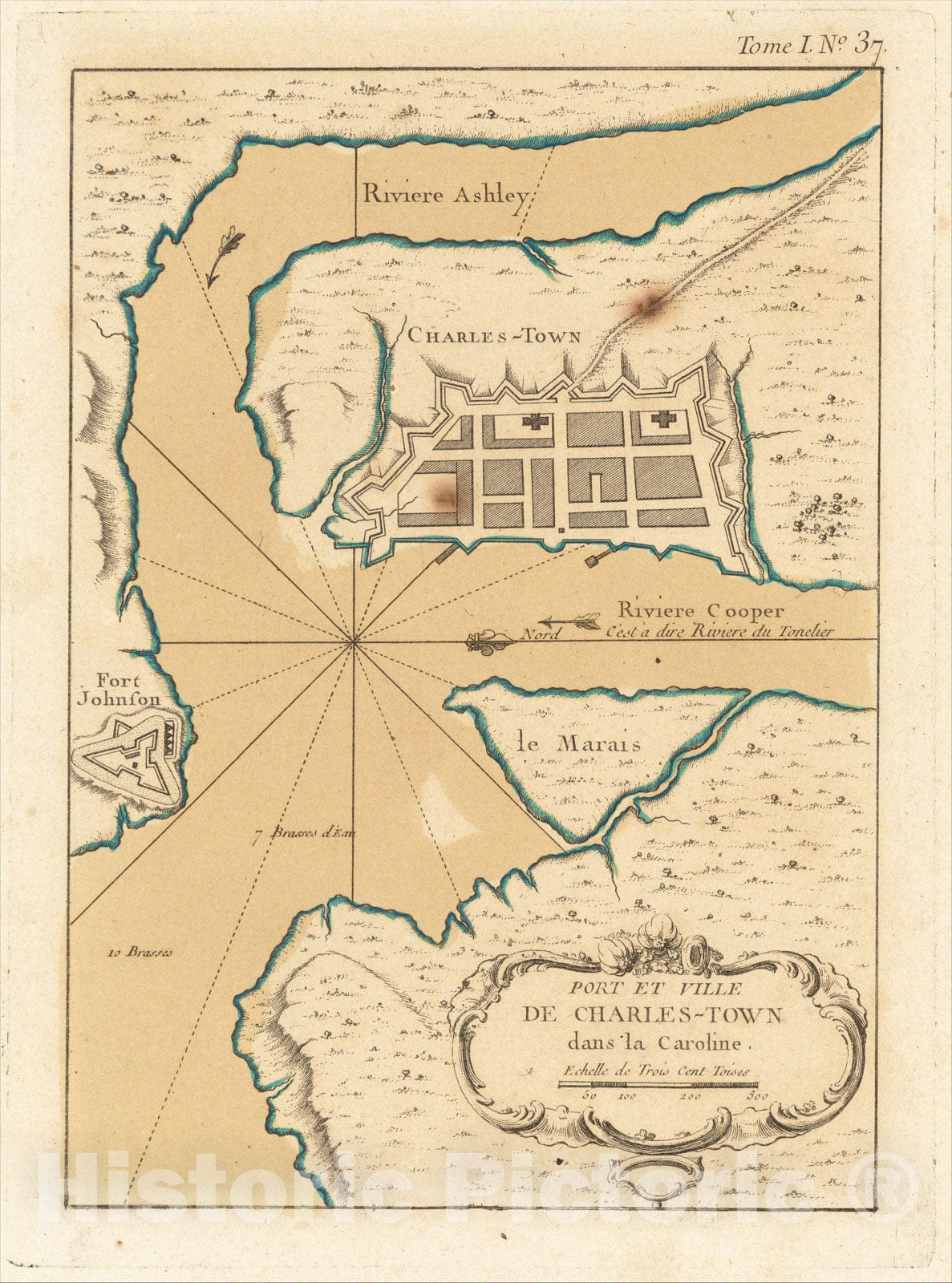 Historic Map : [Early Plan of Charleston] Port et Ville De Charles-Town dans la Caroline, 1764, Jacques Nicolas Bellin, Vintage Wall Art