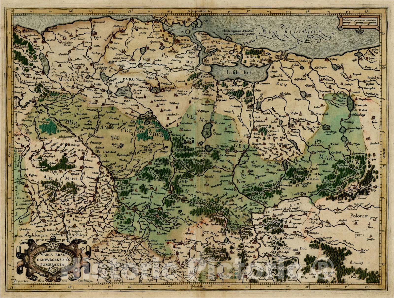 Historic Map : Marca Brandenburgensis & Pomerania (gold highlights), 1595, Gerard Mercator, Vintage Wall Art