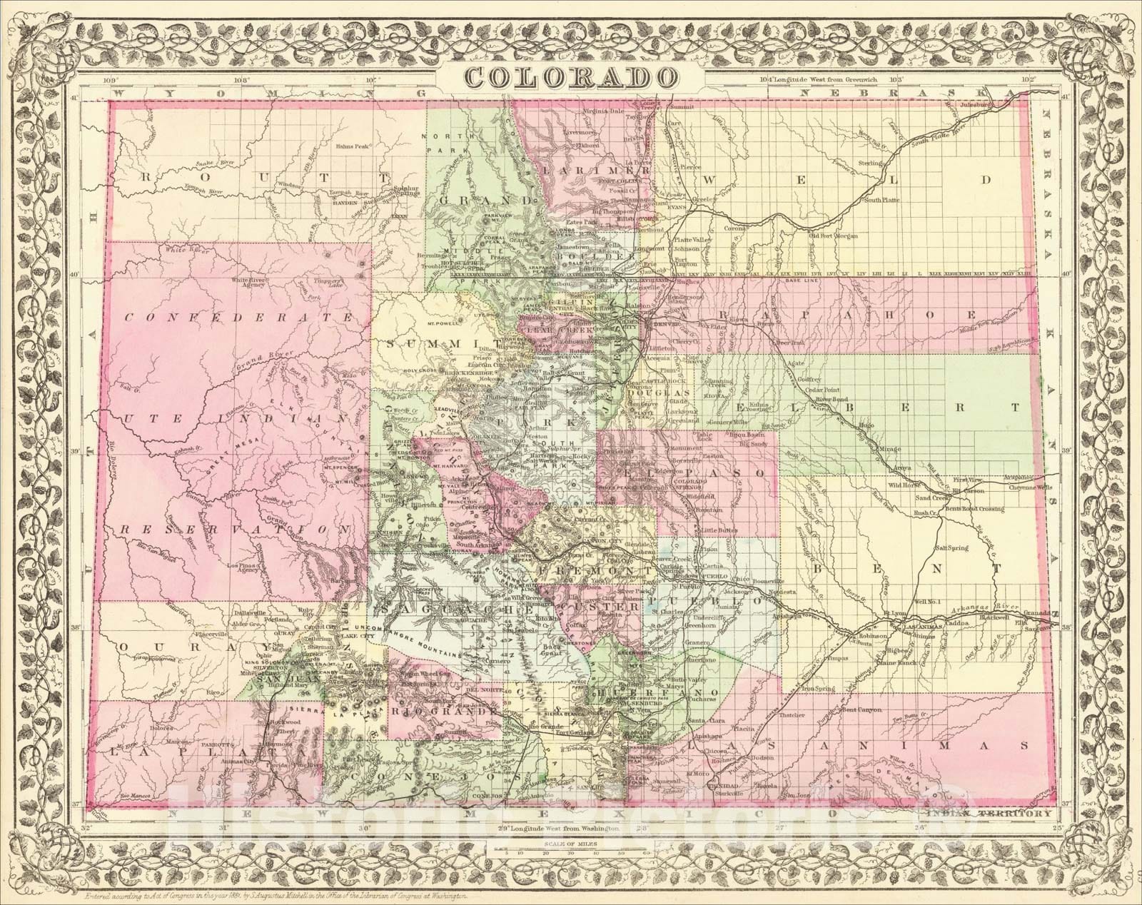 Historic Map : Colorado [with Indian Territory on verso], 1881, Samuel Augustus Mitchell Jr., Vintage Wall Art