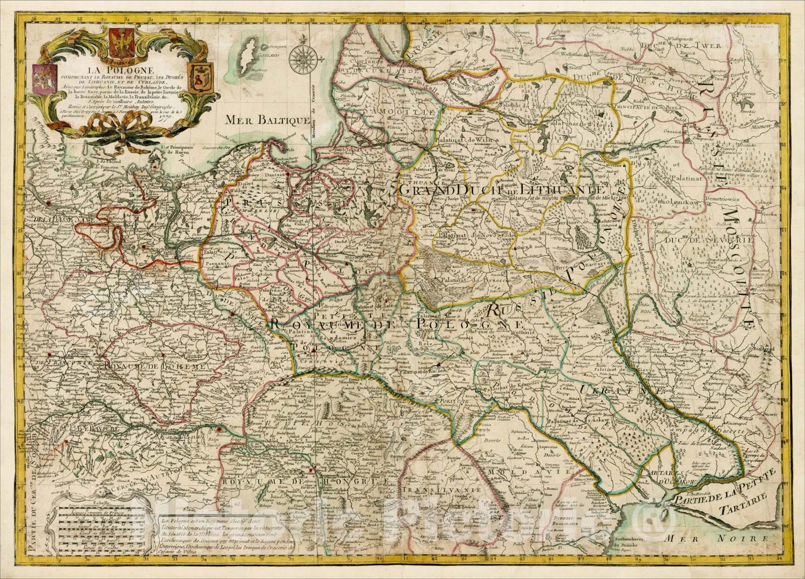 Historic Map : La Pologne Comprenant Le Royaume De Prusse, Les Duches De Lithuanie, et De Curlande, 1770, Maurille Antoine Moithey, Vintage Wall Art