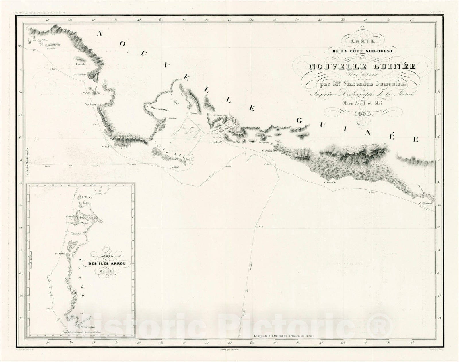 Historic Map : Carte de la Cote Sud-Ouest de la Nouvelle Guinee Levee et Dressee par Mr. Vincendon Dumoulin, 1838, 1838, , Vintage Wall Art