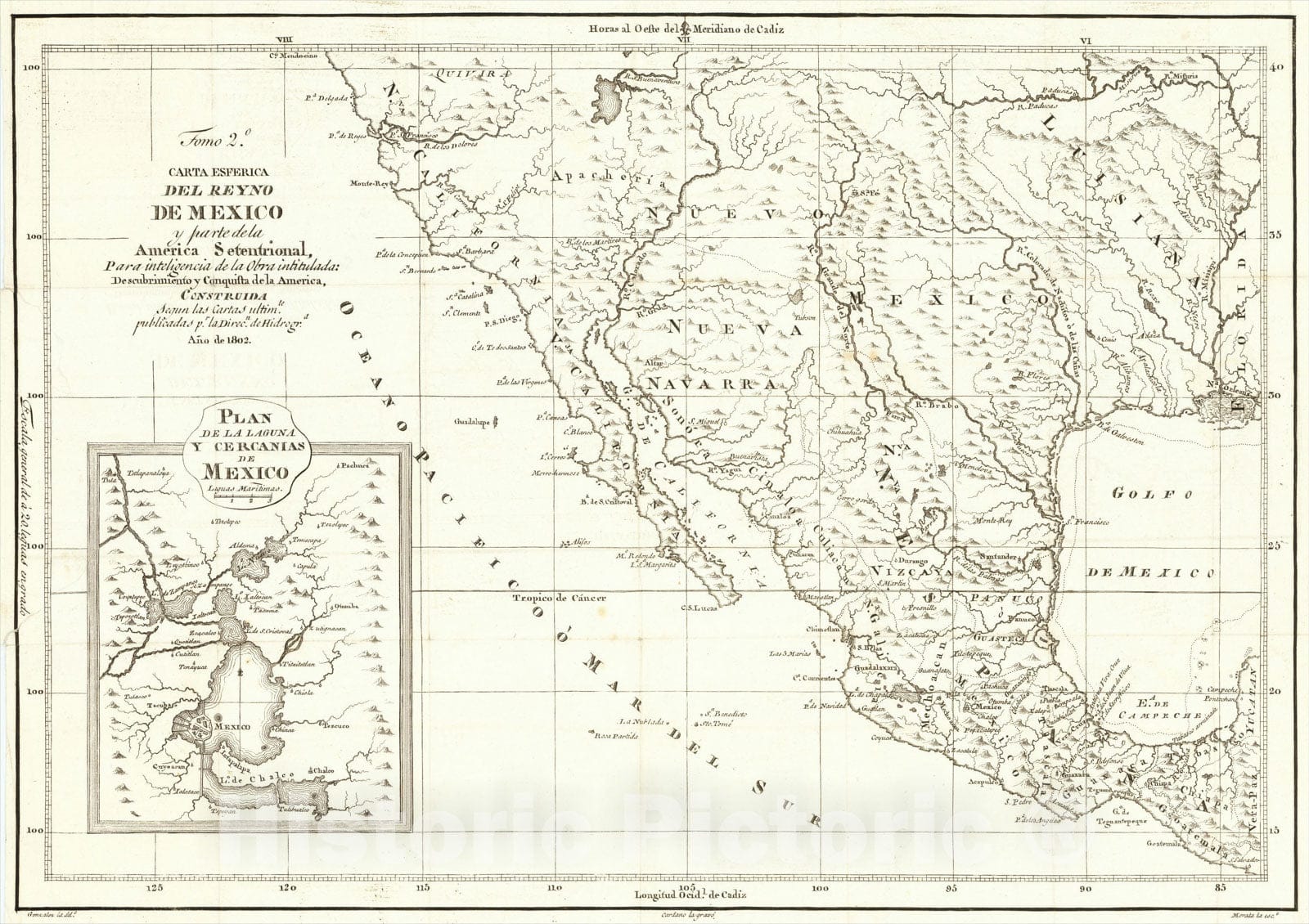 Historic Map : Carta Esferica Del Reyno De Mexico y parte de la America Setentrional para intelgencia de la obra intitulada, 1802, Juian Corradi, Vintage Wall Art