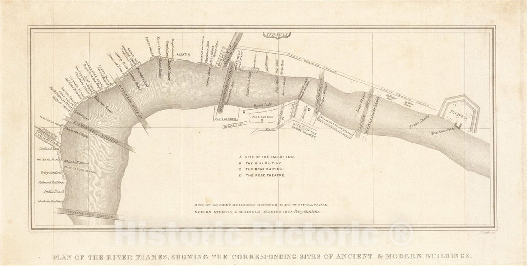 Historic Map : Plan of the River Thames, Showing the Corresponding Sites of Ancient and Modern Buildings., 1847, R. Bentley, Vintage Wall Art