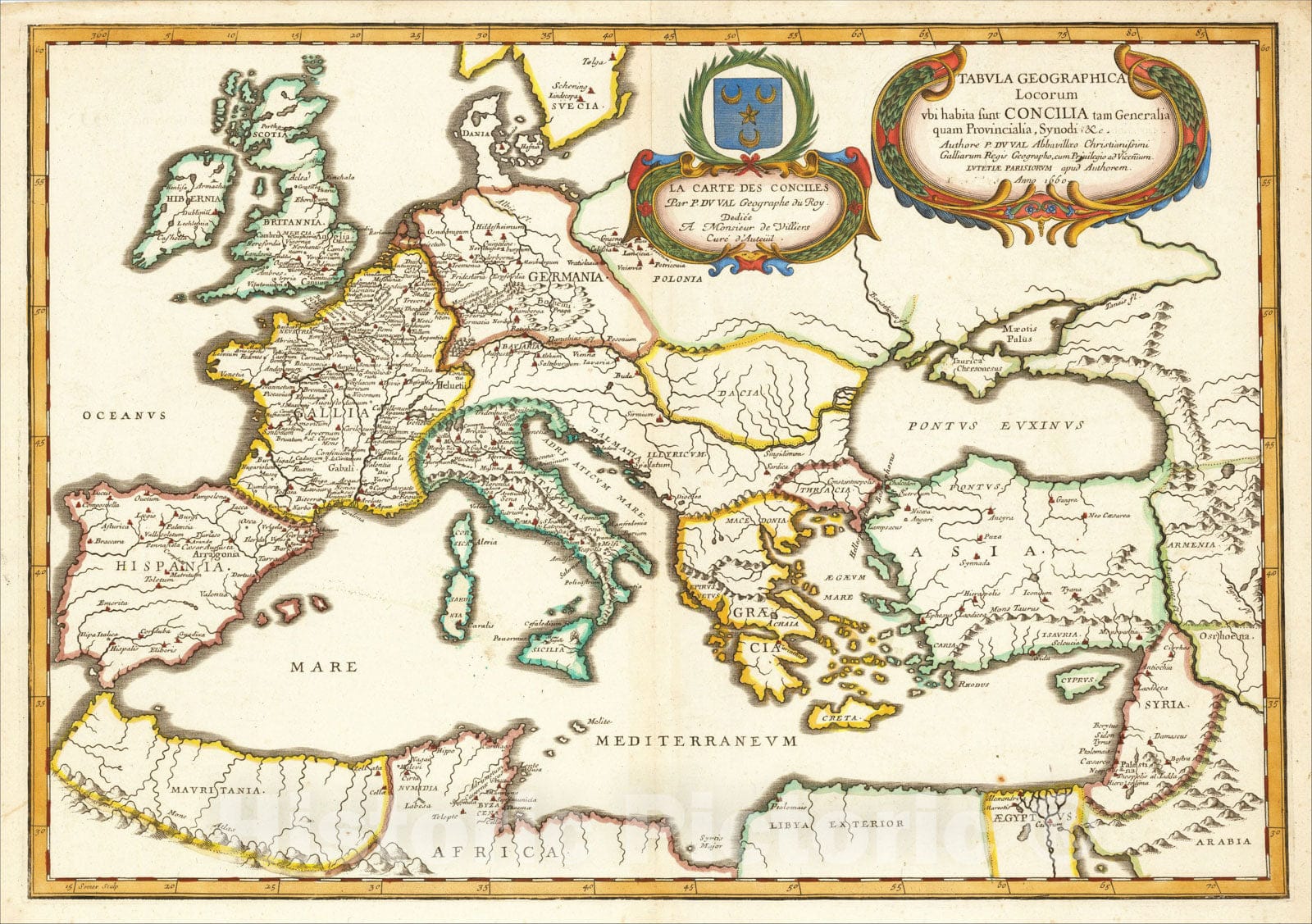 Historic Map : Tabula Geographica Locorum ubi habita sunt concilia tam Generalia quam Provincialia, Synodi, andc., 1660, 1660, Pierre Du Val, Vintage Wall Art