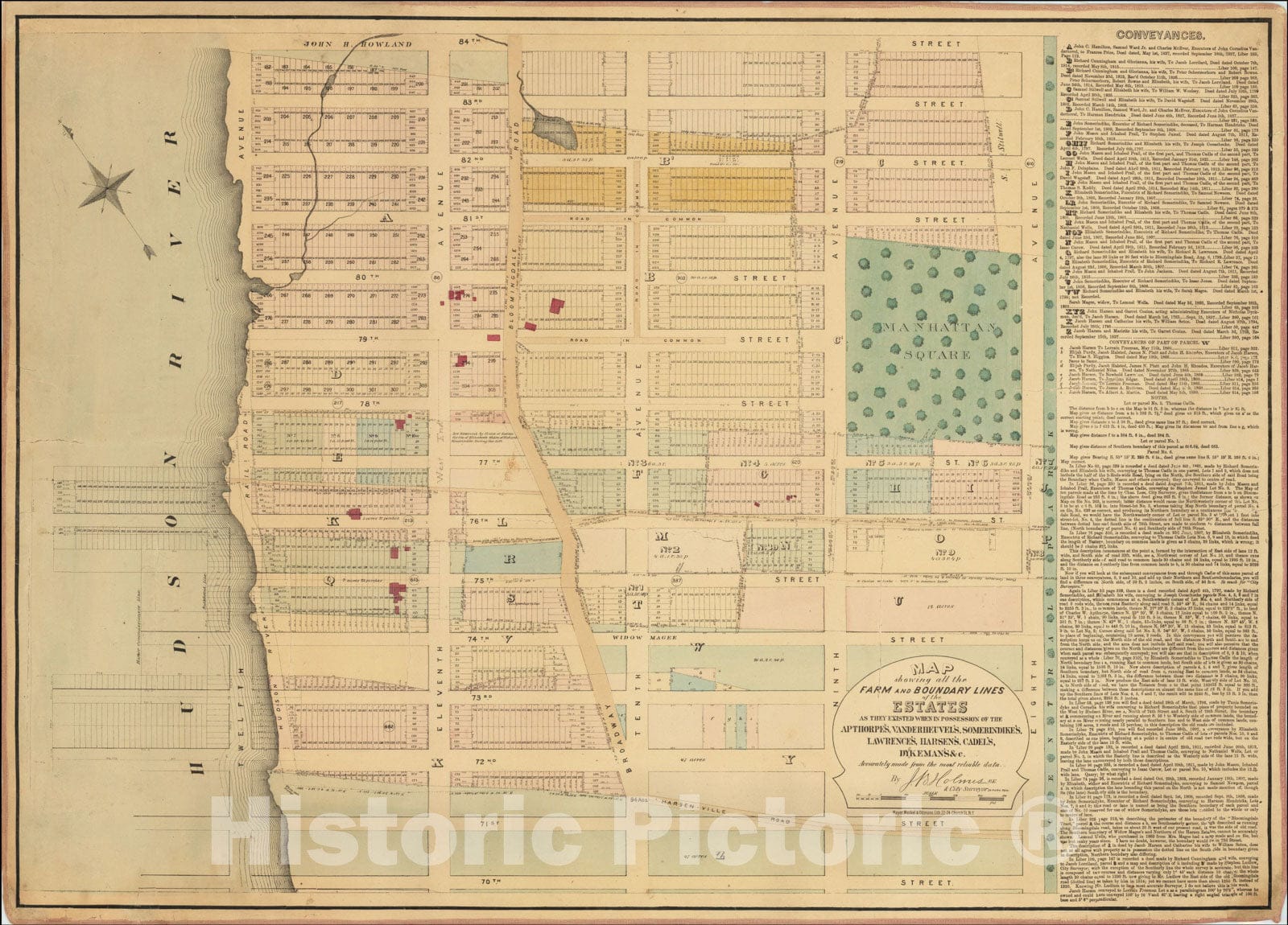 Historic Map : Farm and Boundary Lines of the Estates of the Apthorpe's, Vanderheuvel's, Sommeridike's, Lawrence's, Harsen's, Cadel's, Dykeman's, 1874, Vintage Wall Art
