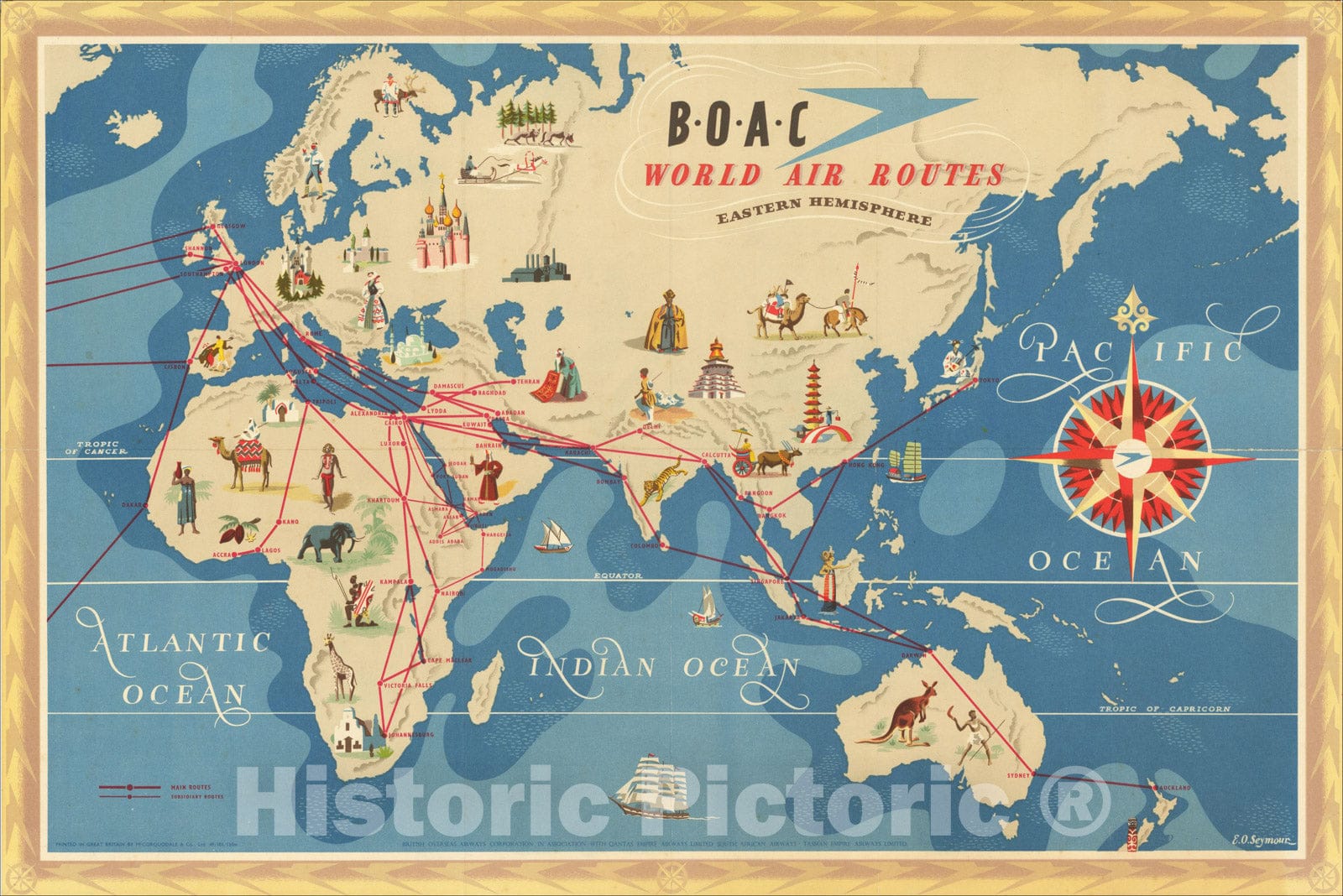 Historic Map : B.O.A.C World Air Routes, 1949, E. O. Seymour, Vintage Wall Art