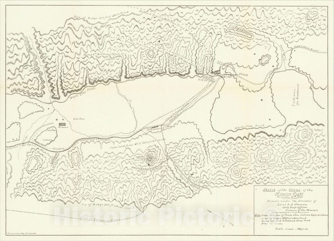 Historic Map : [Battle of Wounded Knee] Sketch of the Scene of the Mission Fight, 1891, United States GPO, Vintage Wall Art