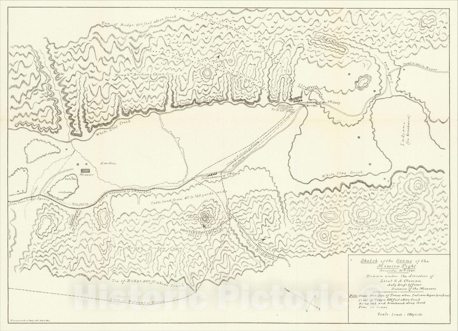 Historic Map : [Battle of Wounded Knee] Sketch of the Scene of the Mission Fight, 1891, United States GPO, Vintage Wall Art