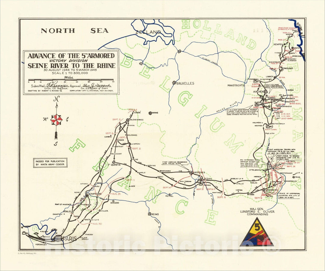 Historic Map : Advance of the 5th Armored Victory Division Seine River to the Rhine 30 August 1944 to 5 March 1945, 1945, 669th Engineer Topographical Company, Vintage Wall Art
