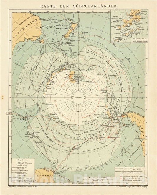 Historic Map : Karte der Sudpolarlander, c1900, Friedrich Arnold Brockhaus, Vintage Wall Art