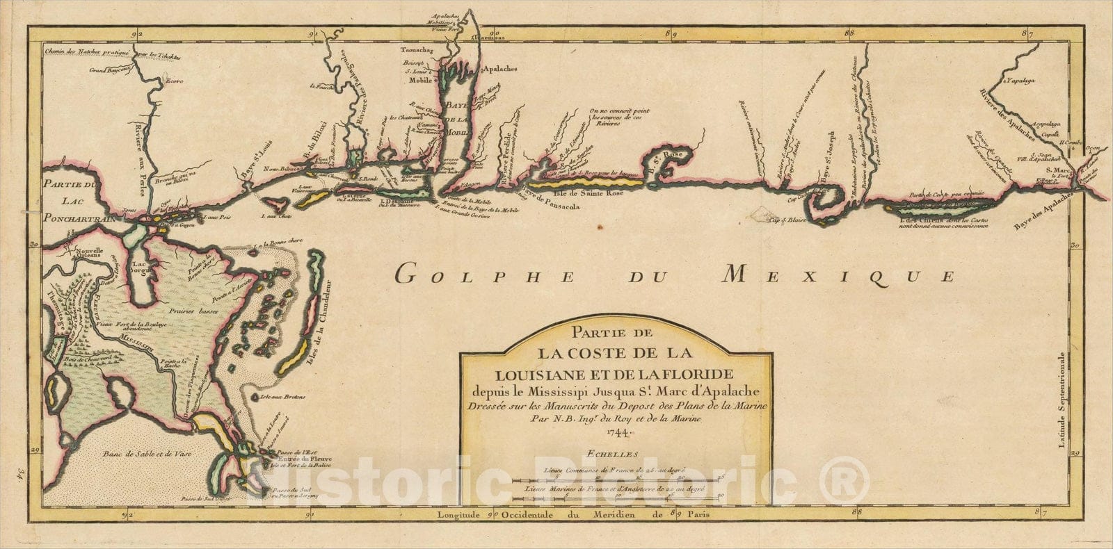 Historic Map : Partie de la Coste de la Louisiane et de la Floride depuis le Mississipi Jus qua St. Marc d'Apalache, 1744, 1744, , Vintage Wall Art