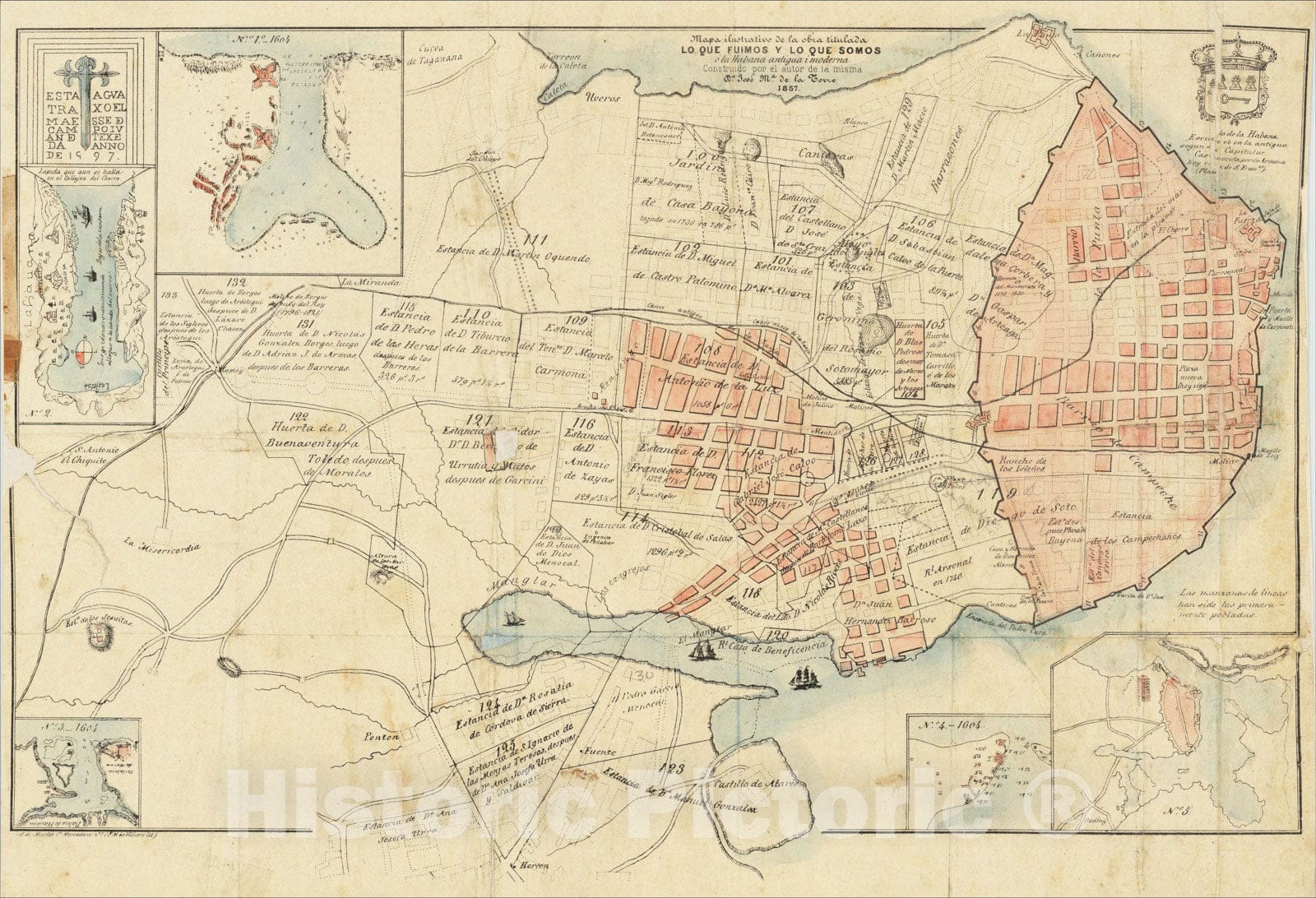 Historic Map : Mapa ilustrativo de la obra titulada Lo Que Fuimos y Lo Que Somos o la Habana antigua i moderna, 1857, Jose Maria De La Torre, Vintage Wall Art