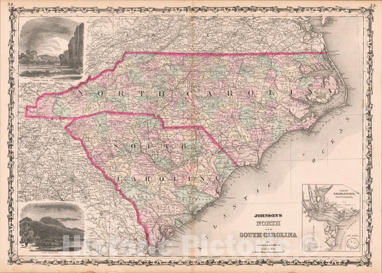 Historic Map : Johnson's North and South Carolina, 1861, Alvin Jewett Johnson, Vintage Wall Art