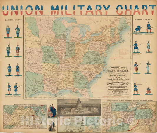 Historic Map : Union Military Chart. Complete Map of the Rail Roads And Water Courses in the United States & Canada , 1861, , Vintage Wall Art