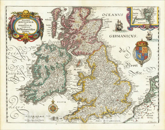 Historic Map : Magnae Britanniae et Hiberniae Tabula, ., 1636, Matthaus Merian, Vintage Wall Art