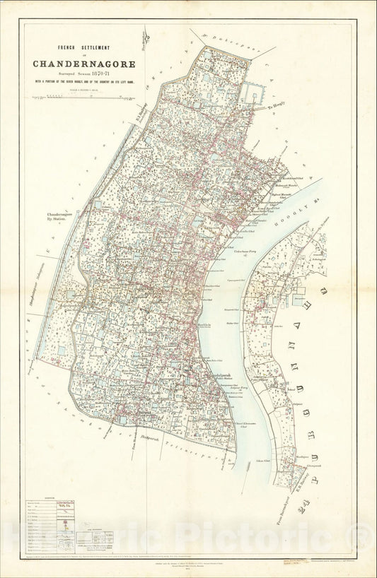 Historic Map : [Chandannagar] French Settlement of Chandernagore Surveyed Season, 1872, Surveyor General of India, Vintage Wall Art