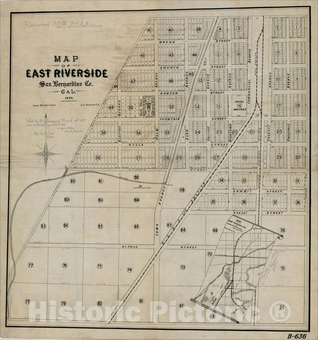 Historic Map : Map of East Riverside San Bernardino Co. 1886 -- J.C. Dunlap C.E., c1890, , Vintage Wall Art