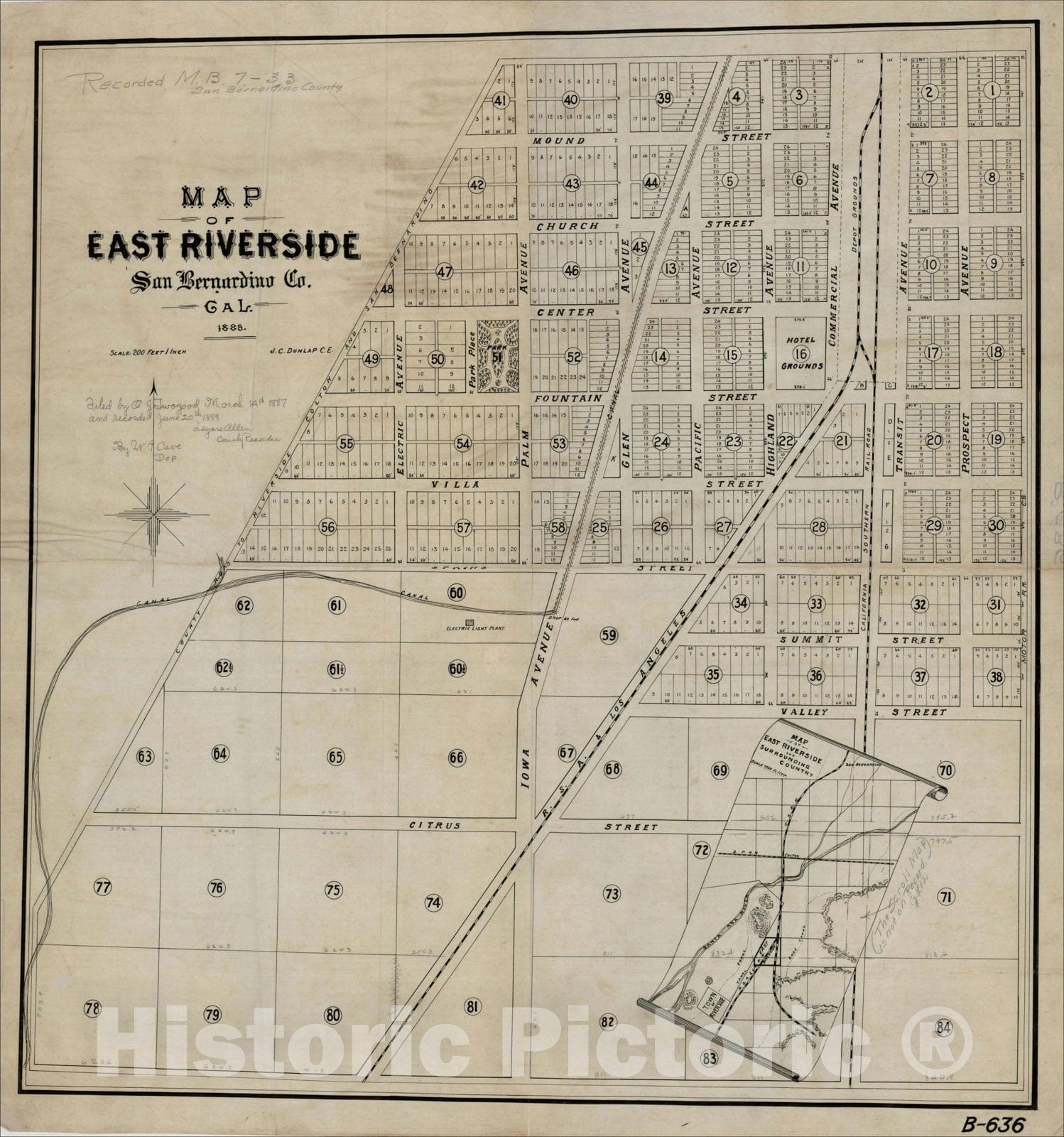 Historic Map : Map of East Riverside San Bernardino Co. 1886 -- J.C. Dunlap C.E., c1890, , Vintage Wall Art