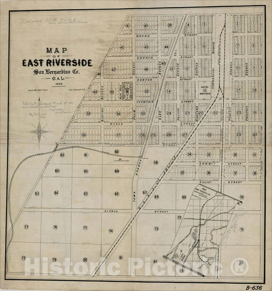Historic Map : Map of East Riverside San Bernardino Co. 1886 -- J.C. Dunlap C.E., c1890, , Vintage Wall Art