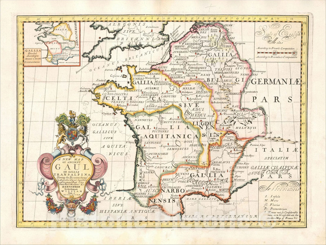 Historic Map : A New Map of Ancient Gaul or Gallia Transalpina, 1700, Edward Wells, Vintage Wall Art