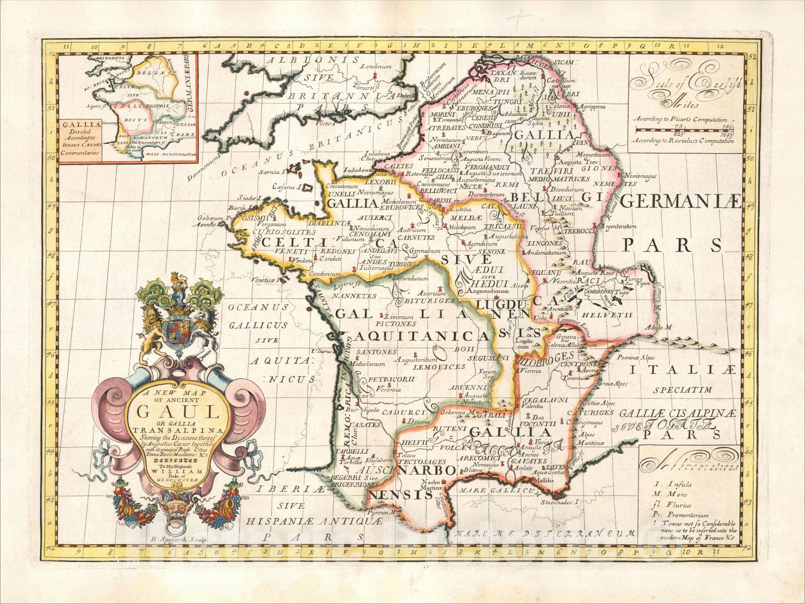 Historic Map : A New Map of Ancient Gaul or Gallia Transalpina, 1700, Edward Wells, Vintage Wall Art