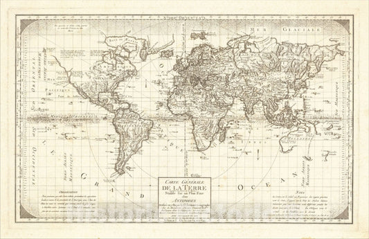 Historic Map : Carte Generale de la Terre necessaire au Service de la Marine Stable sur un Plan Fixe Sans Antipodes Dressee, 1780, Jacques Clermont, Vintage Wall Art